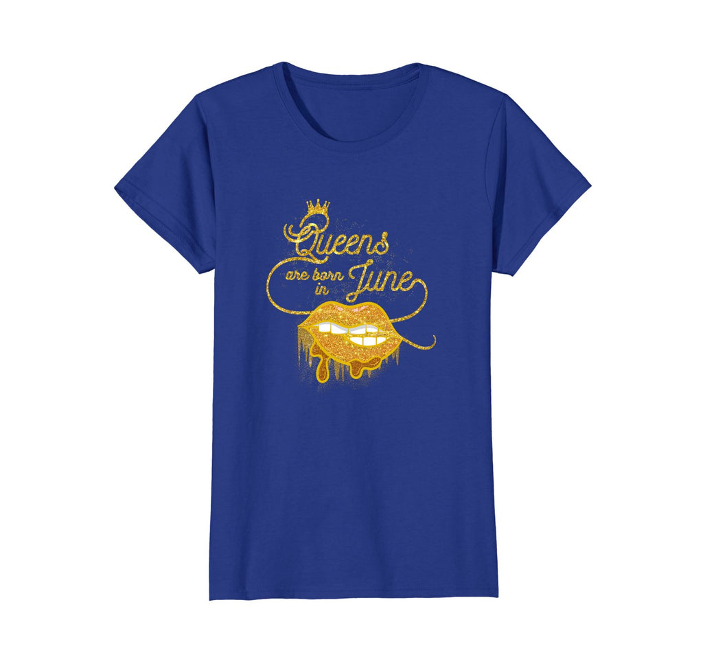 Womens Glitter Happy Birthday June Queen T-Shirt Gold Lips Tee