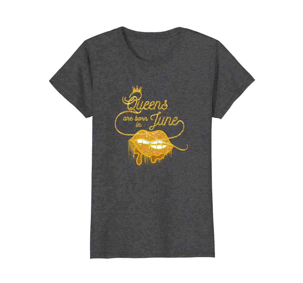 Womens Glitter Happy Birthday June Queen T-Shirt Gold Lips Tee
